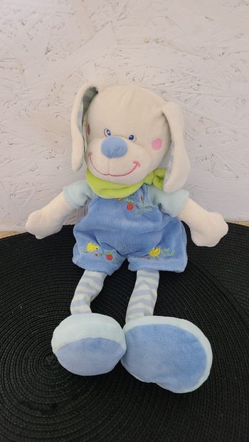 Peluche chien MOTS D'ENFANTS LECLERC bleu vert jambes rayées 32 cm
