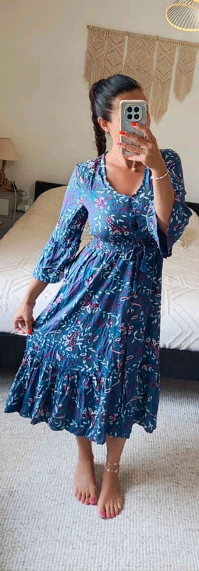 Robe longue bleu Blancheporte 36 fleuri feuillage manches 3/4 - photo numéro 3