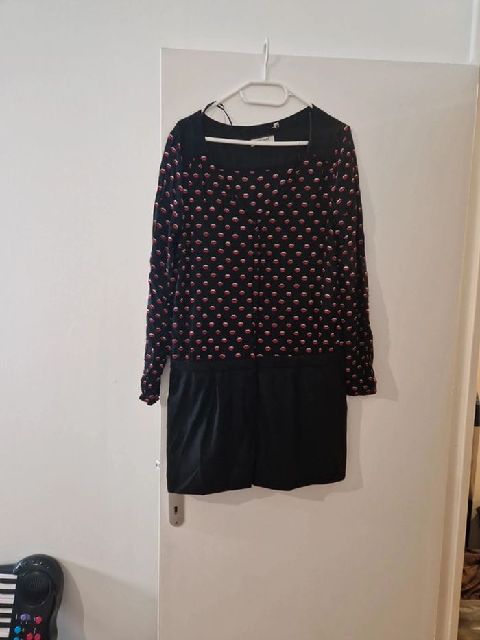 Combishort chemisier femme noir motifs bouche manche longue TBE  T42 naf naf