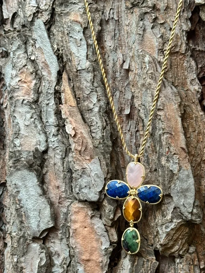 Long sautoir habaha Paris chaînes  réglables croix xl pierres naturelles - photo numéro 7