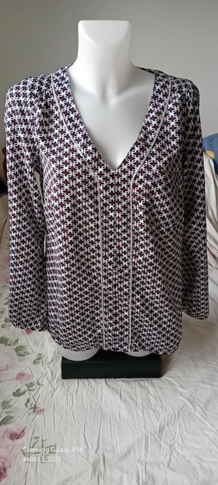 Blouse fluide manches longues col V motif fleurs liseré argenté noir femme L m&s mode - photo numéro 2