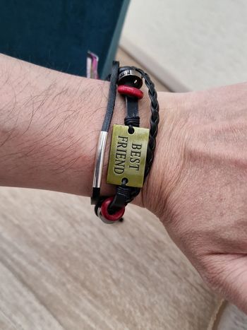 Bracelet Cuir Noir Plaque Métal Meilleur Ami Perles Best Friend