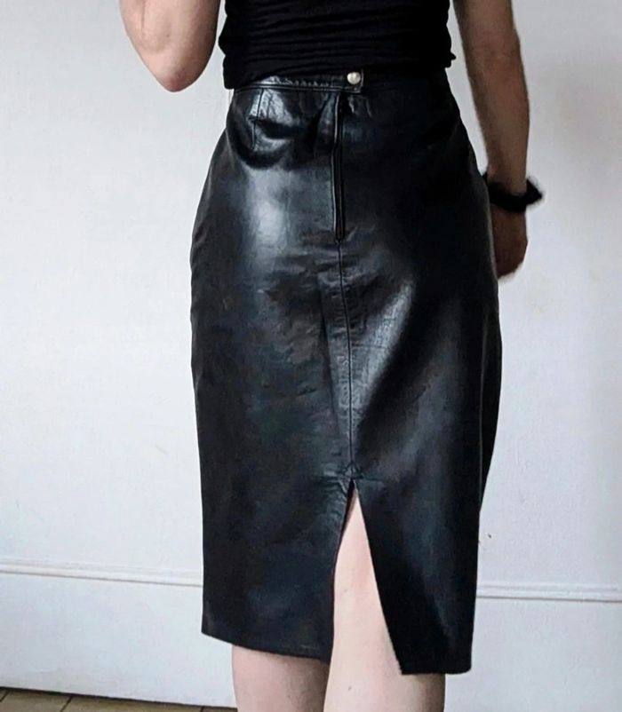💎 jupe en cuir midi noir sexy rockabilly créateur français vintage GMG rare authentique taille XS 34 - photo numéro 7