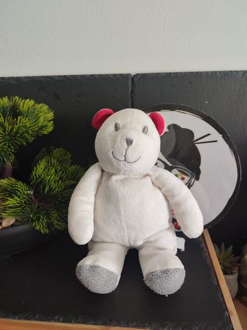 doudou peluche ours blanc gris rouge Pantin Boule Sourire DD003572