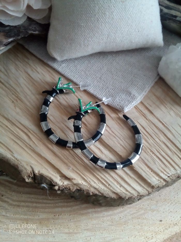 Boucles d'oreilles dragons anneaux argenté et boir