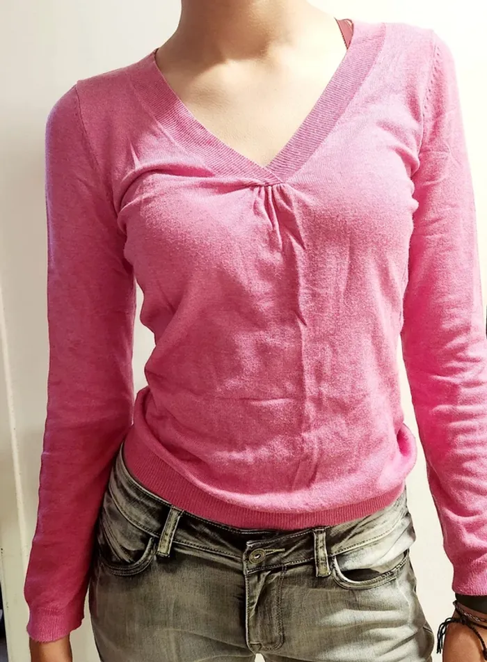 Pull fin col V rose Camaïeu Taille S/M