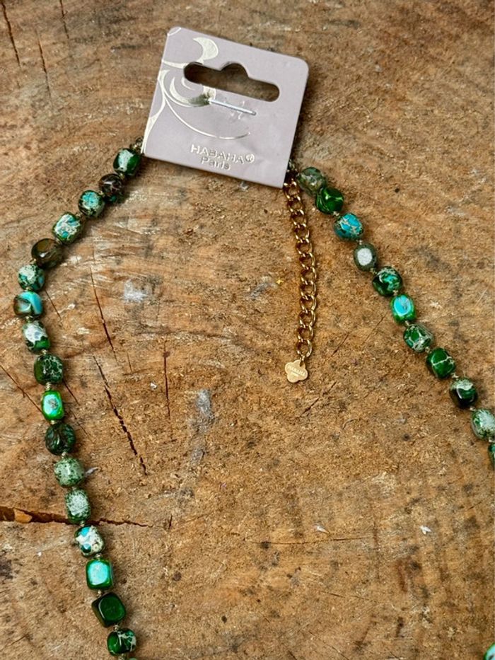 Gros collier réglable pierres malachites pendentif améthyste acier inoxydable or habaha Paris - photo numéro 7