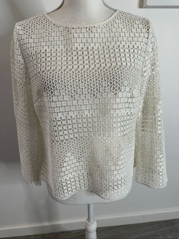 Blouse en maille broderies ajourées blanc crème Y2K Vintage T38 M