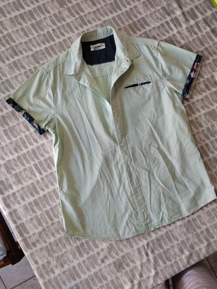 Chemise manches courtes vert menthe a points revers fleurs Deeluxe taille xl 42 - photo numéro 2