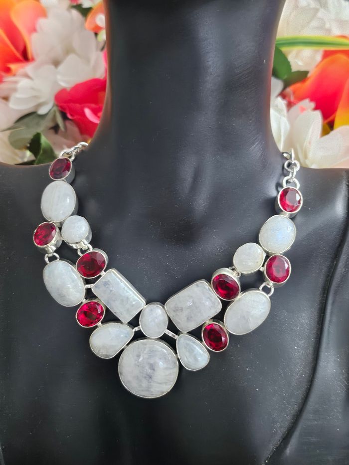Collier en argent sterling 925 avec pierre de lune arc en ciel et grenat rouge - photo numéro 3