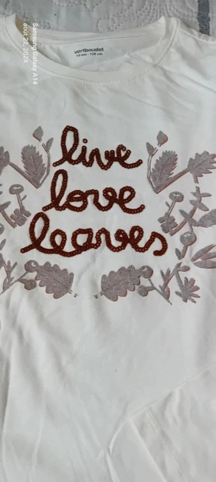 Tee-shirt long motif feuilles et texte brodé crème neuf fille 10 ans vert baudet - photo numéro 3
