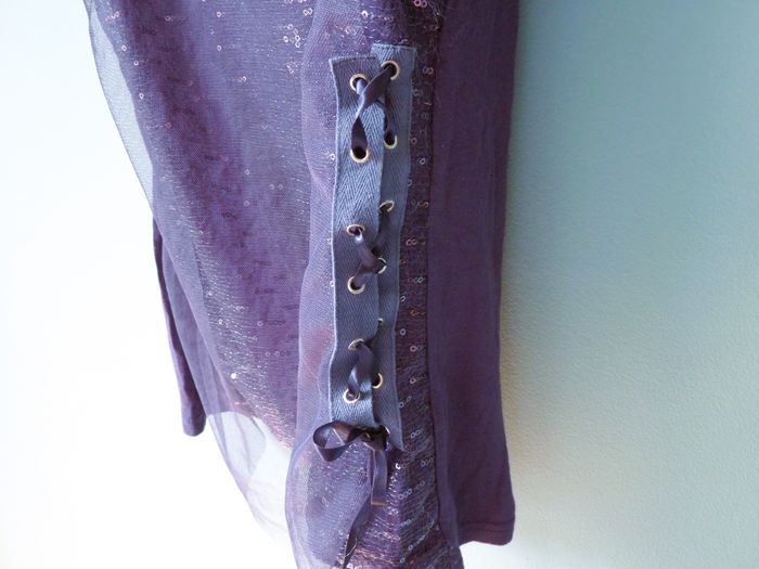 T-shirt femme M 38 morgan sequin violet lien à nouer effet rock TBE - photo numéro 4