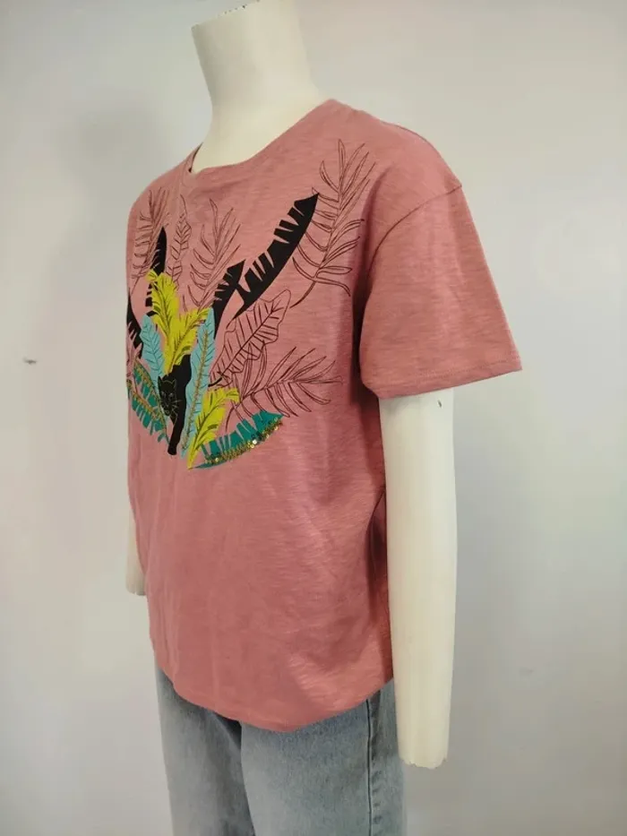 T-shirt couleur bois de rose col rond motif feuille (A995) - photo numéro 2