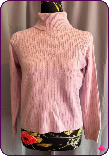 Pull Col Roulé Rose Poudré FéLINO - Maille Côtelée et Tressée - Taille S/M
