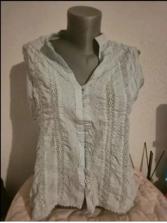 Blouse vintage bleu à manches courtes, taille 40