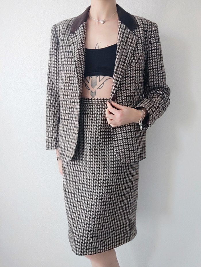 Ensemble tailleur jupe pied de poule marron beige laine vintage / C&A - 38/M ร 40/L