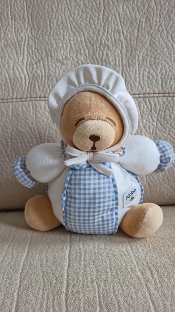 Ourson boule kaloo blanc et bleu carreaux vichy