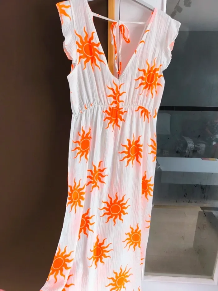 Robe longue été blanche et orange gaz de coton imprimé soleil TU 36 à 42 - photo numéro 4
