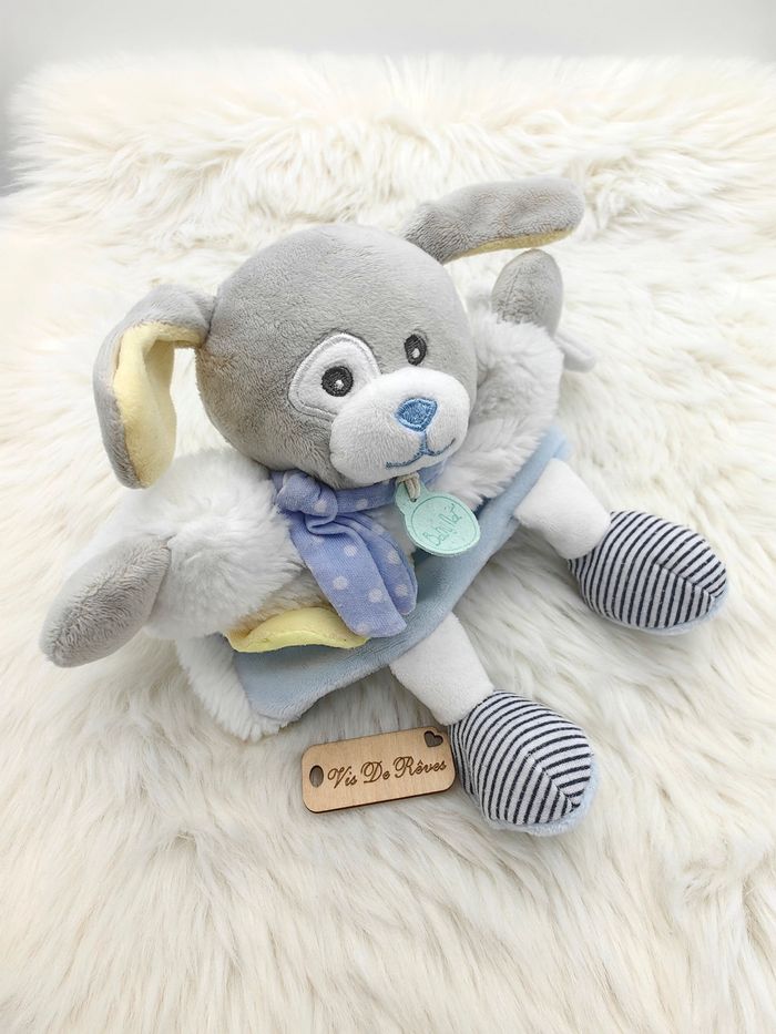 Doudou Marionnette Chien blanc bleu jaune Baby Nat Os Douillettes BN0282 - photo numéro 3
