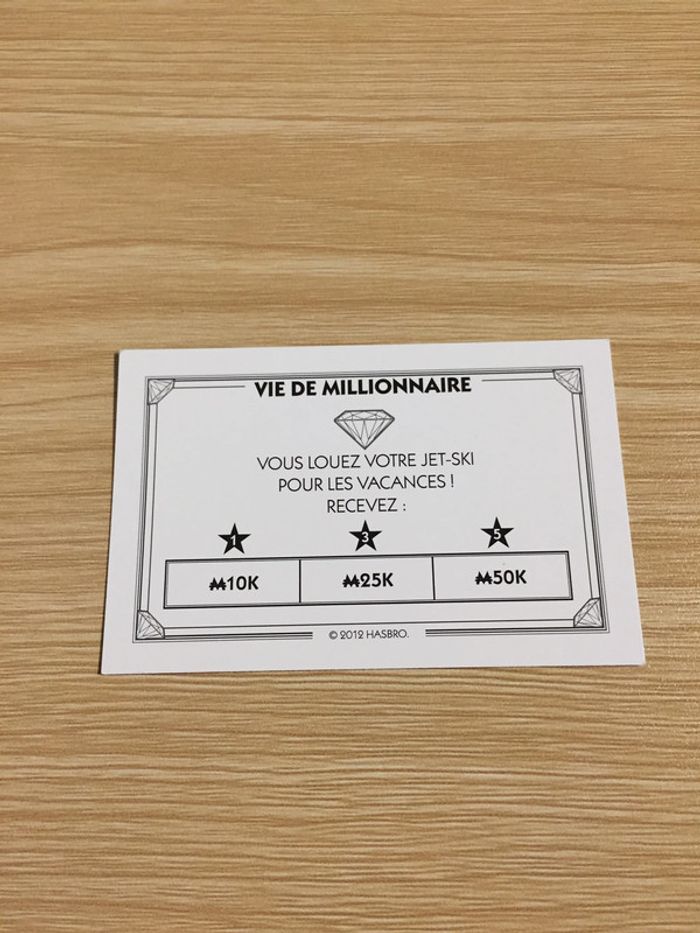 Carte vie de millionnaire louez votre jet-ski pièce jeu de société Monopoly Millionnaire #A45