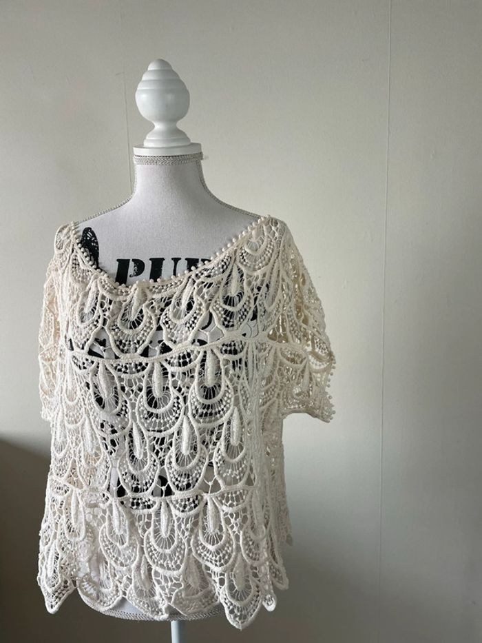 Top t-shirt maille beige crochet haut Ricamo topje Tanktop Camiseta Canotta Camisola dentelle crème - photo numéro 5