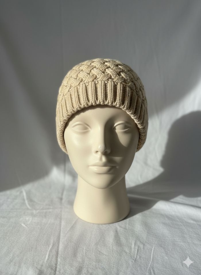 Bonnet Beige Tressé Hiver Doux et Chaud
