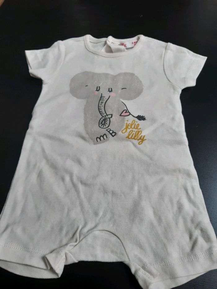 Barboteuse mixte bebe fille garçon elephant jolie lily DPAM 3 mois neuf