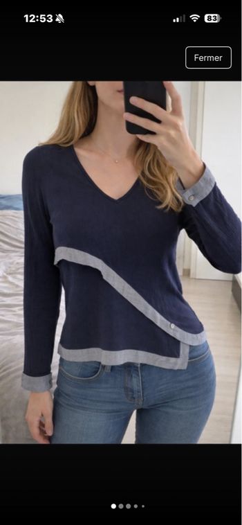 Blouse Salsa élégante et féminine, bleu marine avec de jolis détails gris clair contrastants. XS / 34 / 6• Très bon état • Salsa