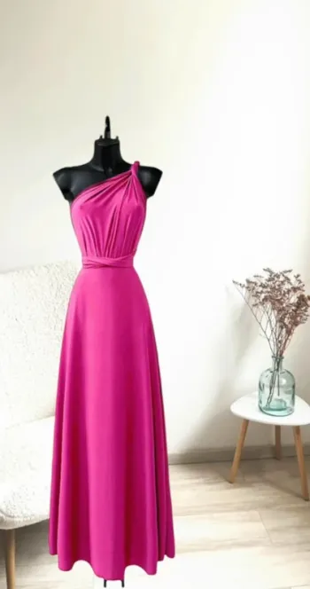Très jolie robe rose fuchsia dos nu multi positions fabriquée en France
