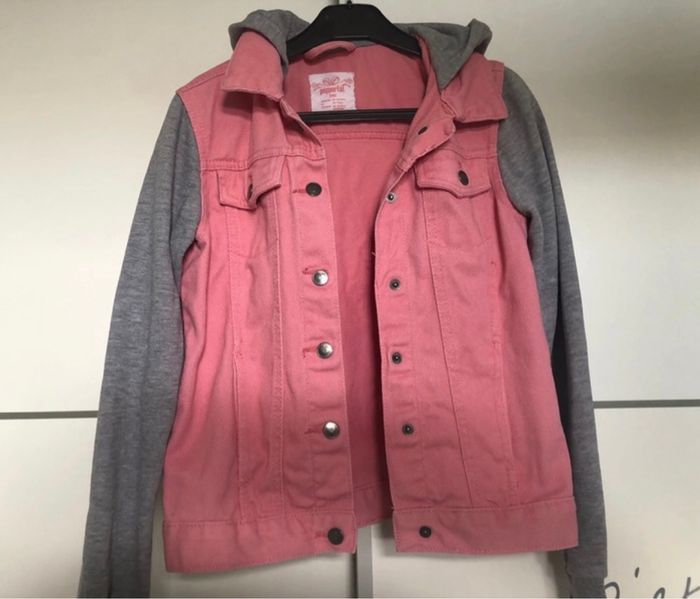 Veste à capuche en jean et molleton rose et gris  10/11 ans