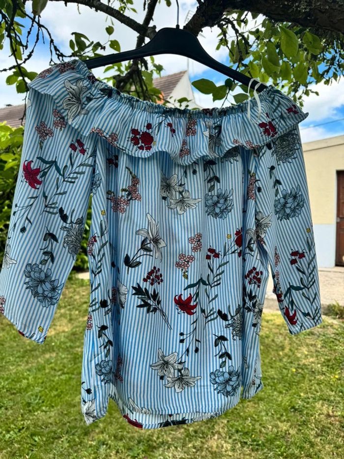 Top fleuri épaules nues manches 3/4 || Gemo || taille L - photo numéro 4