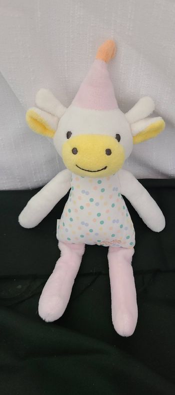 Doudou peluche vache DODIE 26 cm blanc rose jaune chapeau et corps tissu à pois