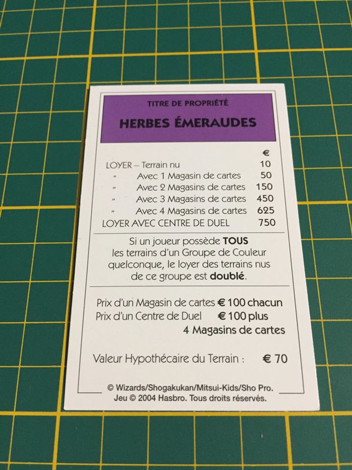 Carte Herbes émeraudes pièce détachée Monopoly Duel Masters Hasbro Parker Wizards #A64