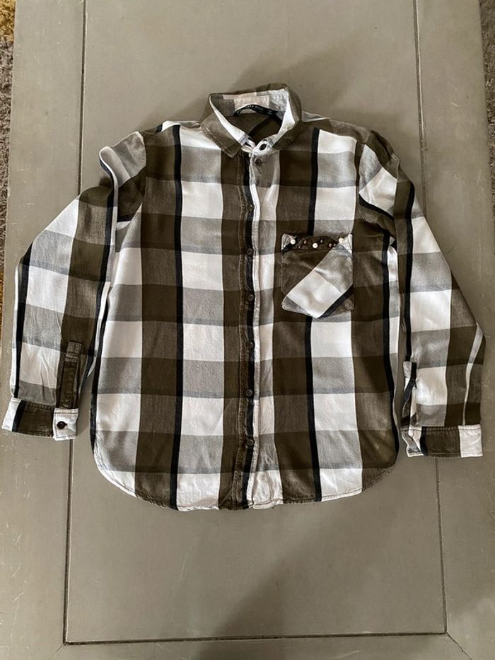 Chemise Zara blanche et kaki à gros carreaux manches longues taille S - photo numéro 11