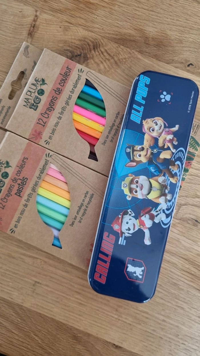 Lot trousse métal et crayons couleur paw patrol pat patrouille - photo numéro 3