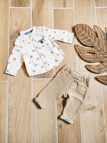🐵Obaïbi/Okaidi - Ensemble Pantalon molletonné beige et chemise motifs chats et singes -taille 6mois
