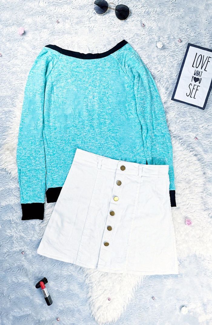 Pull vert turquoise avec fermeture et strass doré- T.S ou T.36 🖤 - photo numéro 3