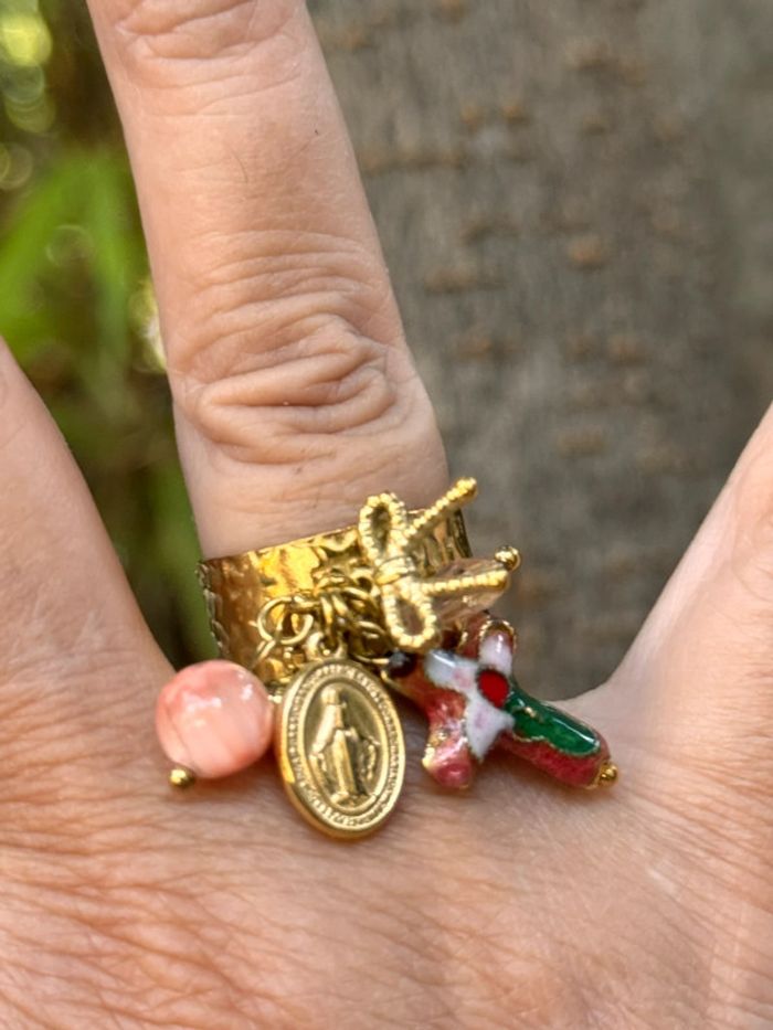 Bague habaha Paris large réglable croix porcelaine médaille vierge noeud perle  pierre - photo numéro 11