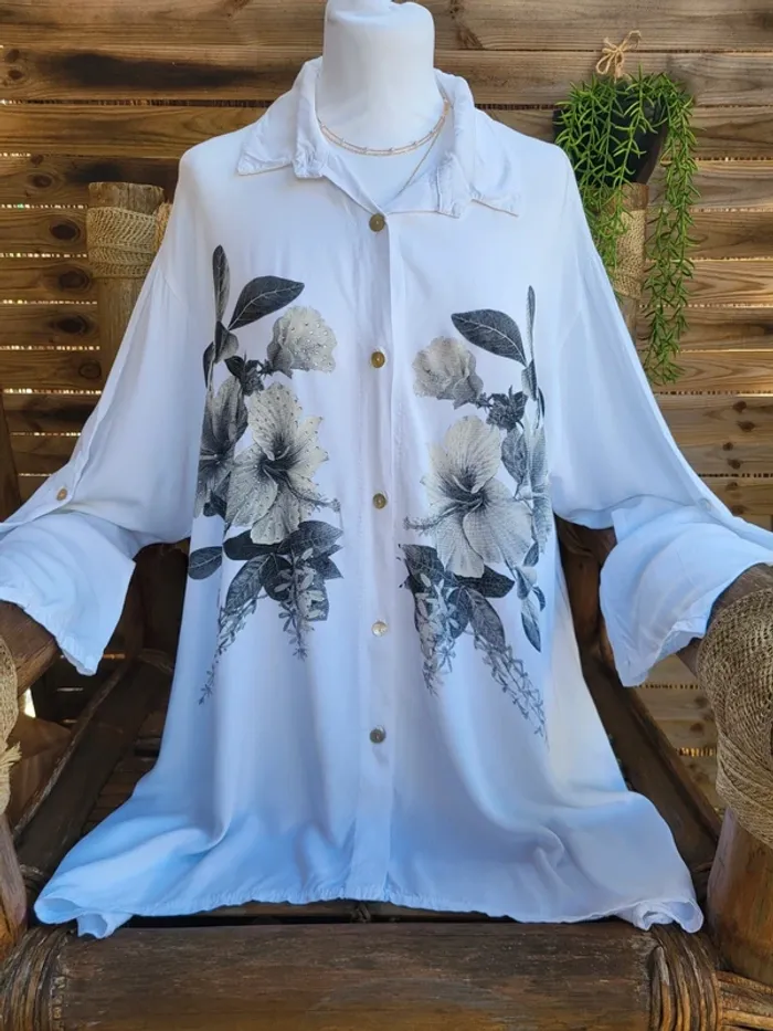 Chemise tunique asymétrique fleuri blanc gris influx taille 46 - photo numéro 2