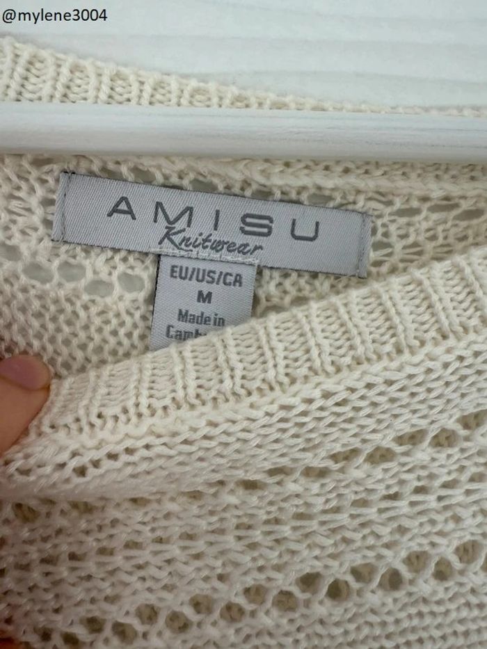 Pull d'hiver en maille et trous blanc crème uni basique simple col rond - photo numéro 5