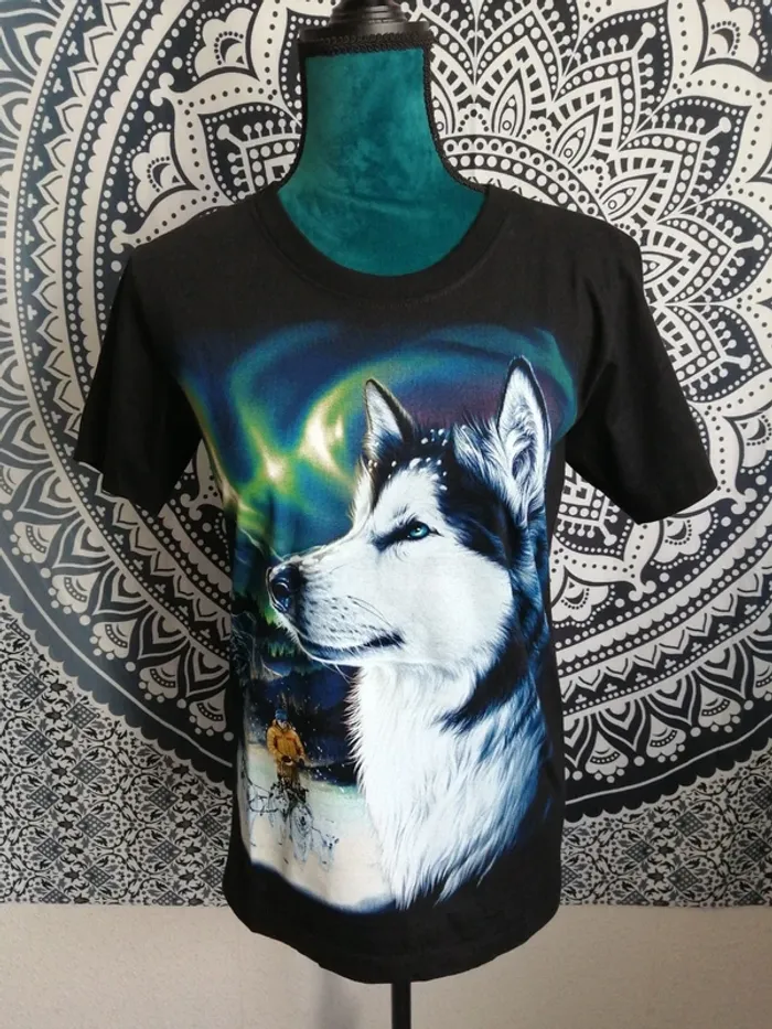 Tee-shirt noir mixte imprimé loup aurores boréales devant et dos / rock eagle / (34-36) - photo numéro 2