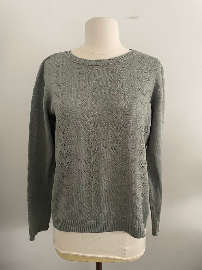 🌸Pull vintage kaki en maille ajourée en laine Bergère de France taille 40🌸