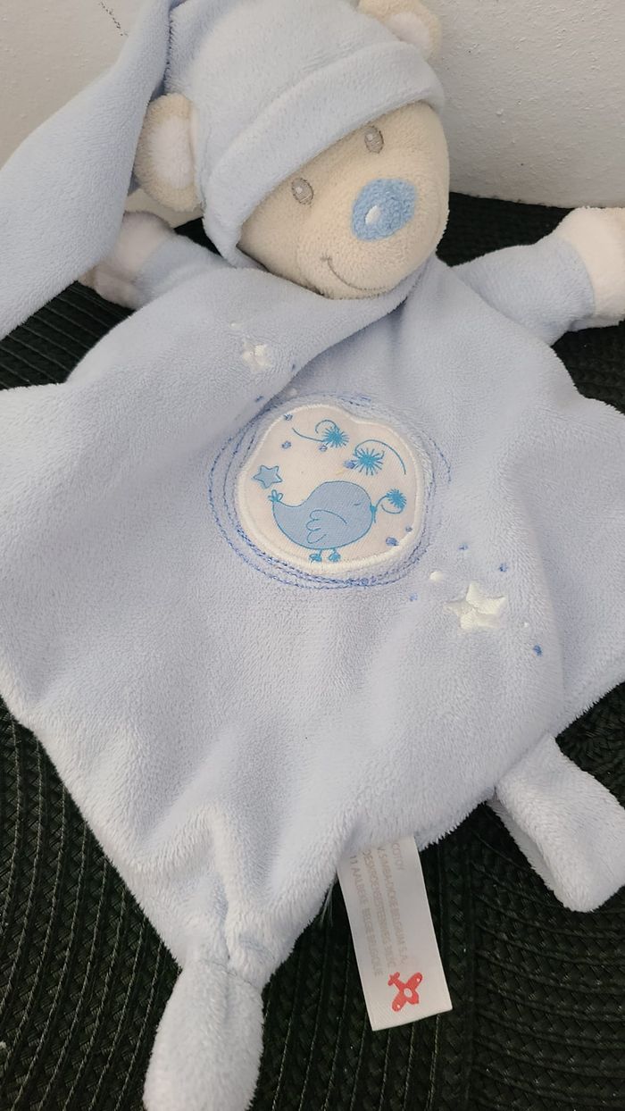 Doudou plat losange ours bleu ciel oiseau NICOTOY - photo numéro 2