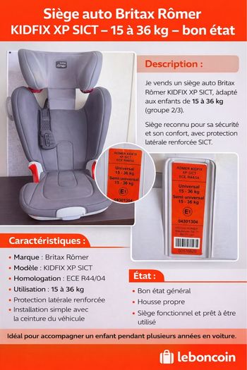 Siège auto Britax Römer KIDFIX XP SICT – 15 à 36 kg – bon état – avec notice