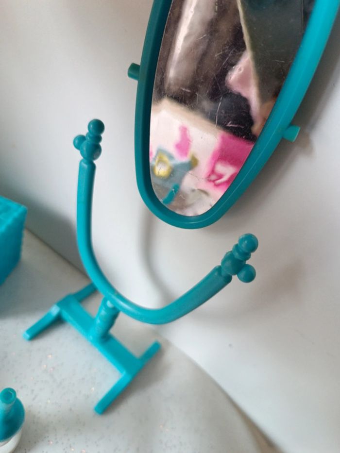 Meuble mobilier vintage glady famille delavannat poupée doll miroir table coffre lampe huile bleu - photo numéro 12