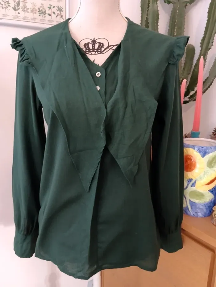 Blouse vintage coupe vareuse grand col vert foncé