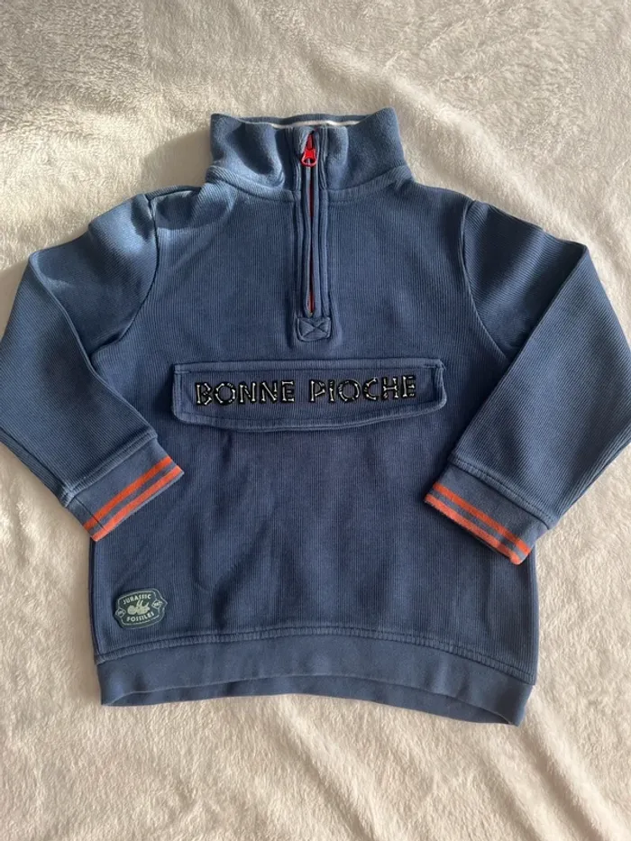 Pull garçon Sergent Major 4 ans – bleu – col zip – dinosaure “Bonne Pioche”