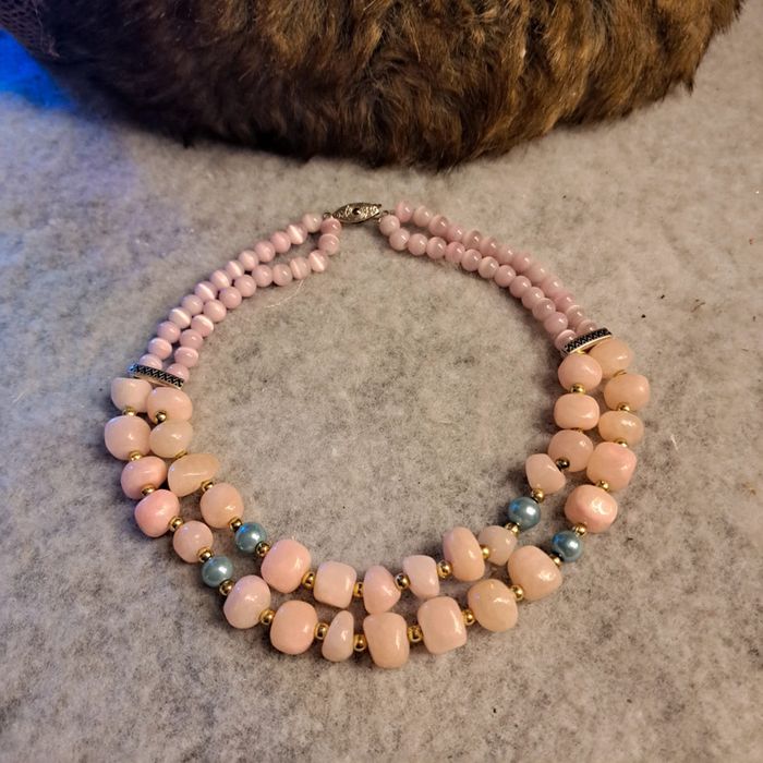 Collier ras de cou rose pâle bleu et doré - photo numéro 12