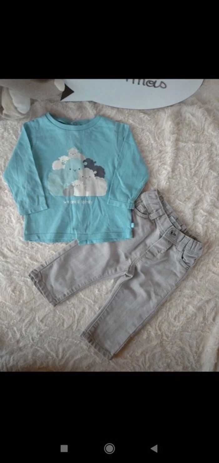 Ensemble (tee shirt manches longues+pantalon jeans) Garçon 6 mois Mouton Family Obaïbi - photo numéro 2
