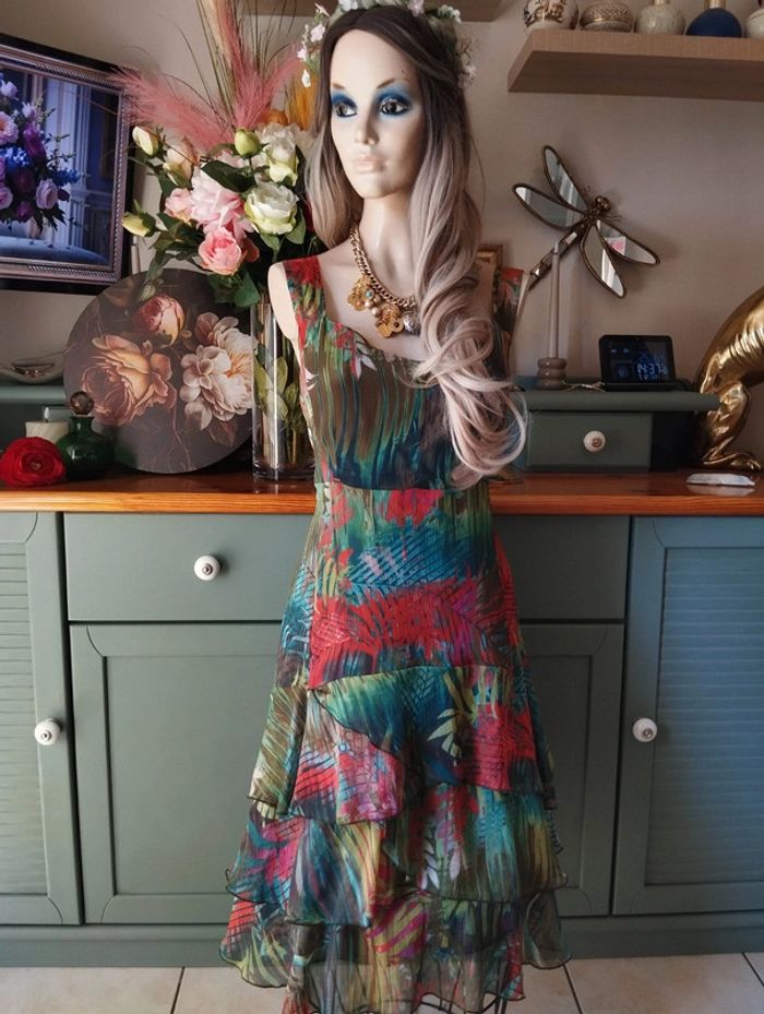 🐝Robe d'Été Imprimé Floral & Froufrous Toscane T44+🐝